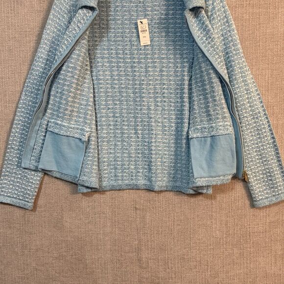 Talbots Petite Blue White Tweed Knit Front Zip Jacket Collard Cardigan Style NWT - Picture 6 of 12